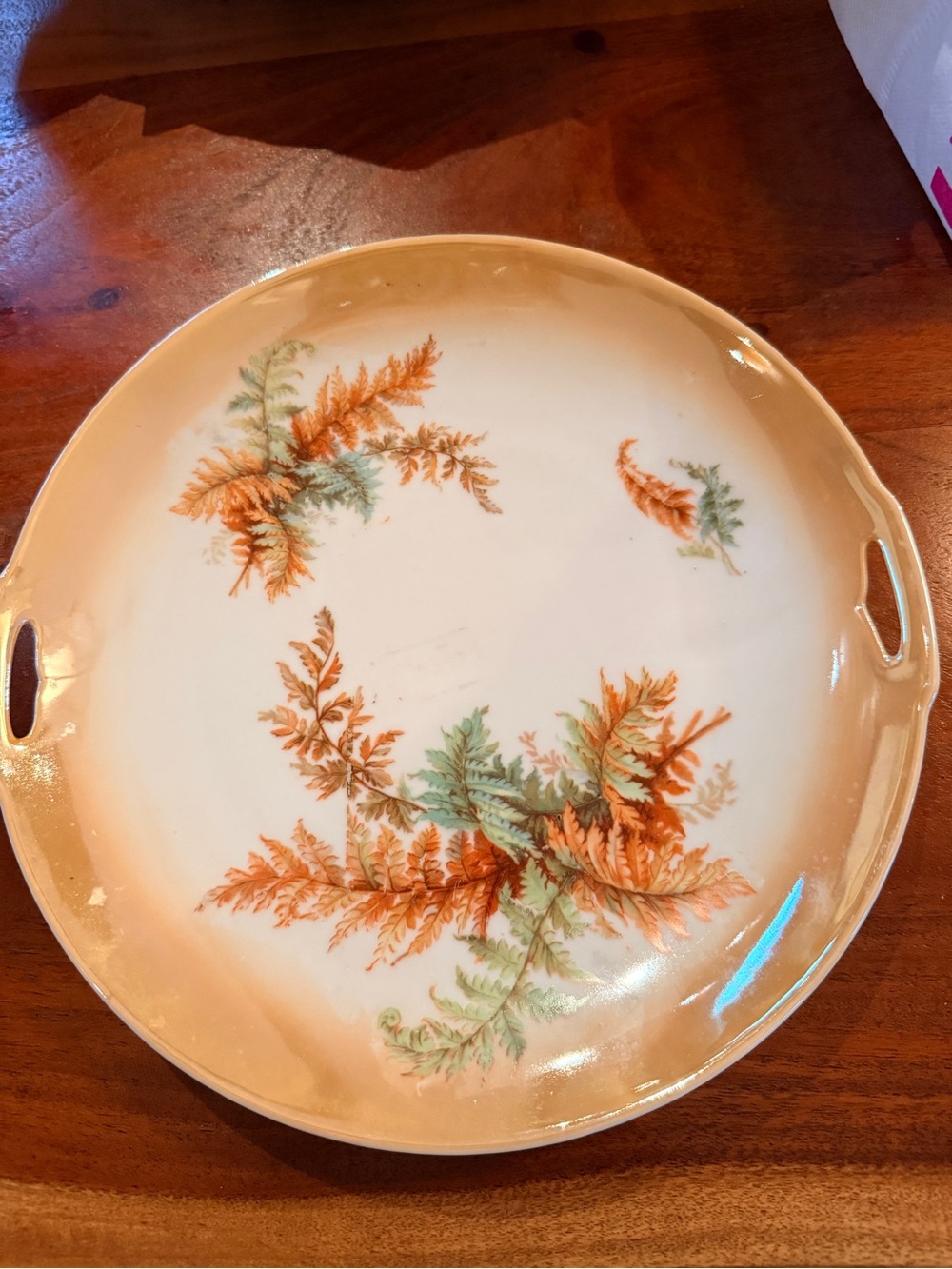 Vintage Germany Porcelain Fern Serving Plate Handled Cake Platter